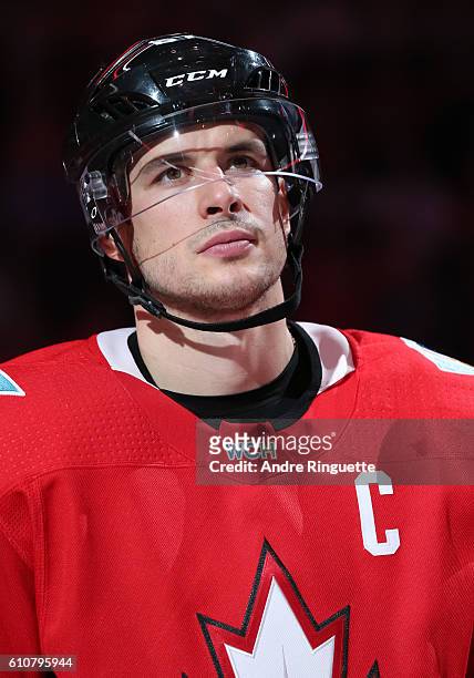 Sidney Crosby of Team Canada lines up prior to the game against Team Europe during Game One of the World Cup of Hockey final series at the Air Canada...