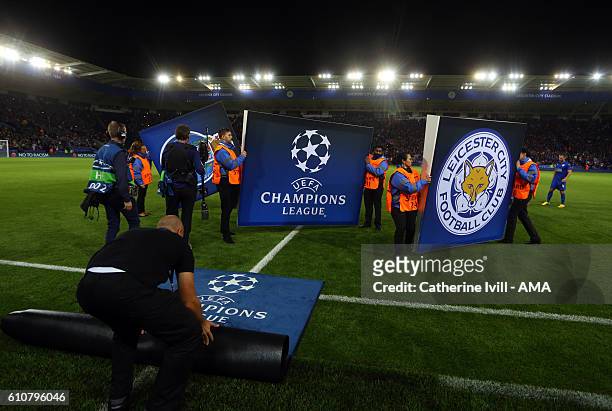 General view as the Club badge and UEFA logo boards are taken away before the UEFA Champions League match between Leicester City FC and FC Porto at...