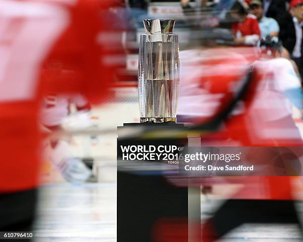 The World Cup of Hockey trophy sits at centre ice during the pregame prior to the game between Team Canada and Team Europe during Game One of the...