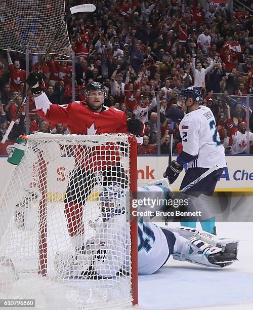 Steven Stamkos of Team Canada celebrates his goal at 13:20 of the first period against Jaroslav Halak of Team Europe during Game One of the World Cup...