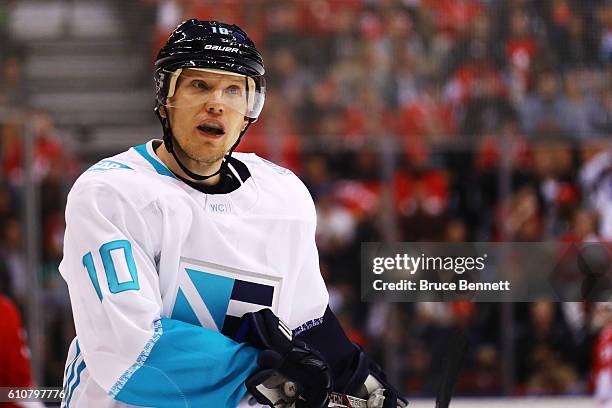 Christian Ehrhoff of Team Europe looks on against Team Canada during the second period during Game One of the World Cup of Hockey final series at Air...