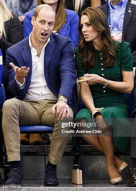 Prince William, Duke of Cambridge and Catherine, Duchess of Cambridge watch a volleyball match at University of British Columbia Okanagan on...