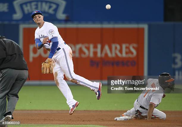 Troy Tulowitzki of the Toronto Blue Jays gets the force out at second base but cannot turn the double play in the ninth inning during MLB game action...