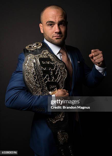 Lightweight champion Eddie Alvarez poses for a portrait backstage after the UFC 205 press event at Madison Square Garden on September 27, 2016 in New...