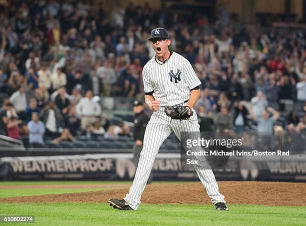 Tyler Clippard of the New York Yankees reacts after striking out David Ortiz of the Boston Red Sox to secure a 6-4 win on September 27, 2016 at...