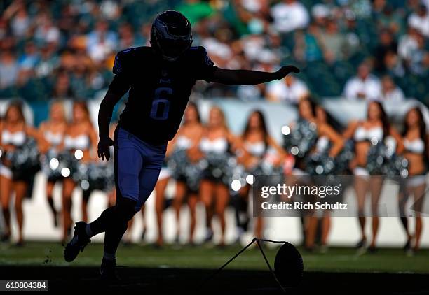 Kicker Caleb Sturgis of the Philadelphia Eagles is silhouetted as he warms up before a game against the Pittsburgh Steelers at Lincoln Financial...