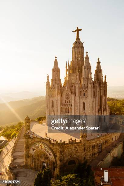 sagrat cor church at tibidabo mountain at sunset, barcelona, catalonia, spain - tibidabo fotografías e imágenes de stock