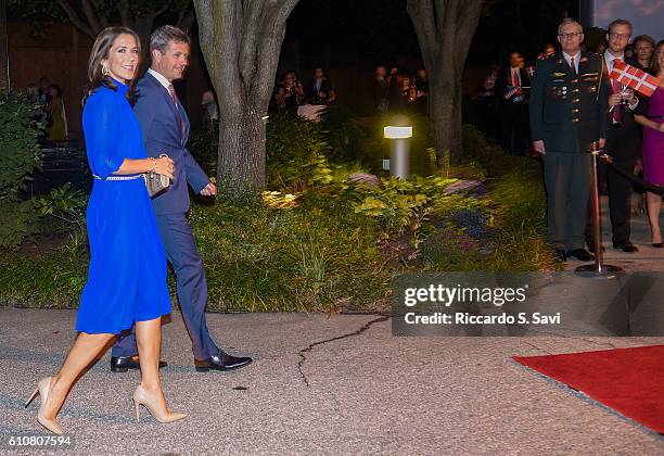 Crown Prince Frederick of Denmark and Crown Princess Mary of Denmark arrive at the Danish ambassador's residence on September 27, 2016 in Washington,...