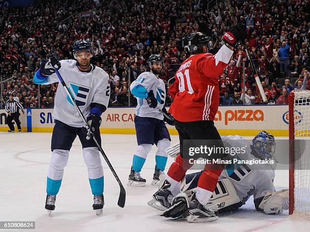 Steven Stamkos of Team Canada scores on goaltender Jaroslav Halak of Team Europe during the World Cup of Hockey 2016 at Air Canada Centre on...