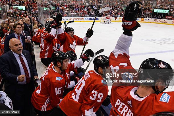 Team Canada's bench celebrates a third period goal by Patrice Bergeron during the World Cup of Hockey 2016 against Team Europe at Air Canada Centre...