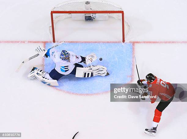 Steven Stamkos of Team Canada scores the game winning goal against Jaroslav Halak of Team Europeduring Game One of the World Cup of Hockey 2016 final...