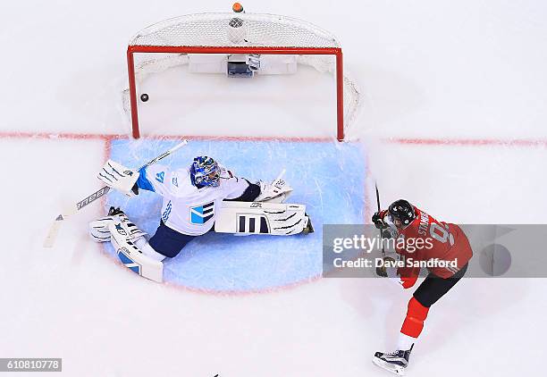 Steven Stamkos of Team Canada scores the game winning goal against Jaroslav Halak of Team Europeduring Game One of the World Cup of Hockey 2016 final...