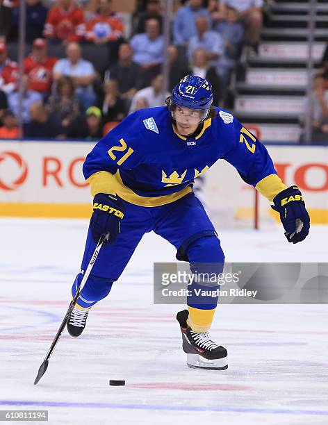 Loui Eriksson of Team Sweden stickhandles the puck against Team North America during the World Cup of Hockey 2016 at Air Canada Centre on September...
