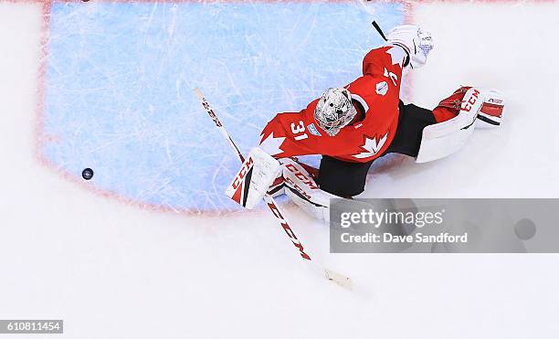 Carey Price of Team Canada makes a save against Team Europe during Game One of the World Cup of Hockey 2016 final series at Air Canada Centre on...