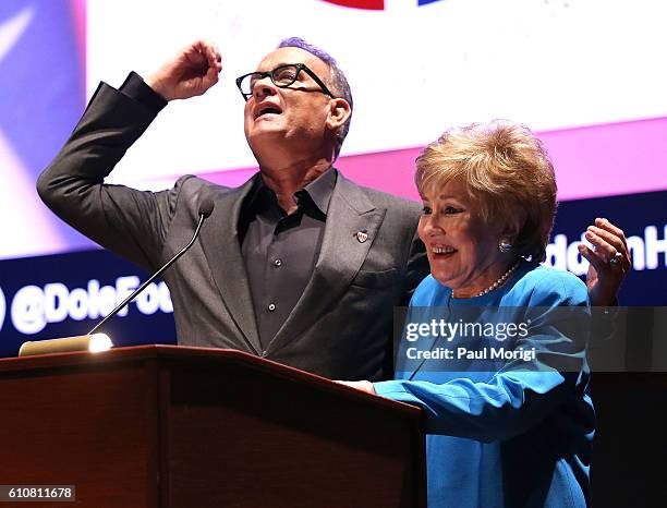 Campaign Chair Tom Hanks and Sen. Elizabeth Dole attend the launch of the Elizabeth Dole Foundation's "Hidden Heroes" campaign at U.S. Capitol...