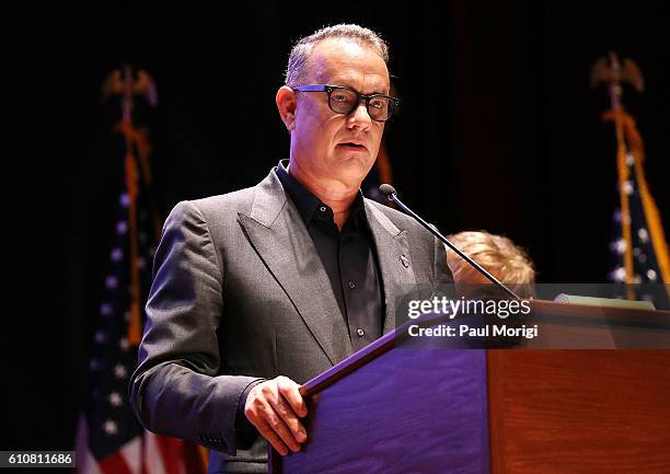 Campaign Chair Tom Hanks speaks at the launch of the Elizabeth Dole Foundation's "Hidden Heroes" campaign at U.S. Capitol Visitor Center on September...