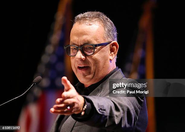 Campaign Chair Tom Hanks speaks at the launch of the Elizabeth Dole Foundation's "Hidden Heroes" campaign at U.S. Capitol Visitor Center on September...