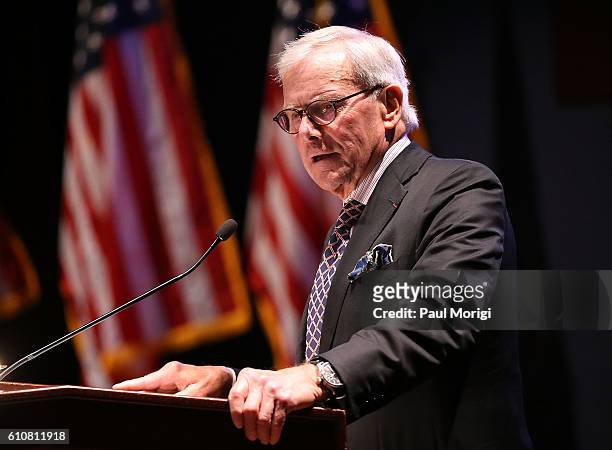 Journalist Tom Brokaw speaks at the launch of the Elizabeth Dole Foundation's "Hidden Heroes" campaign at U.S. Capitol Visitor Center on September...