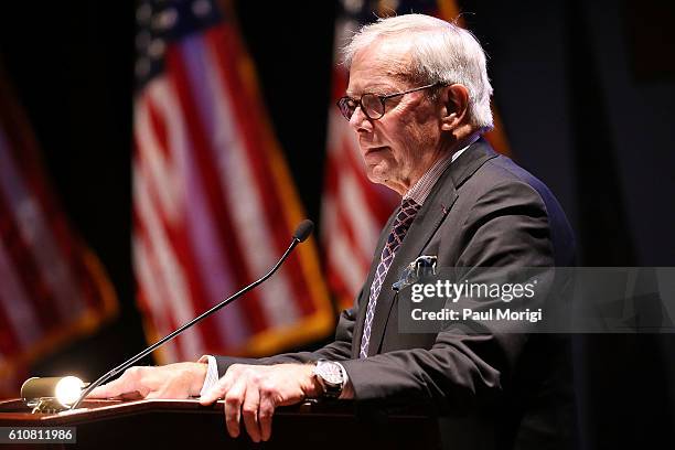 Journalist Tom Brokaw speaks at the launch of the Elizabeth Dole Foundation's "Hidden Heroes" campaign at U.S. Capitol Visitor Center on September...