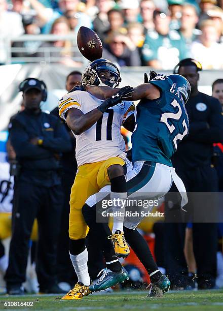 Nolan Carroll of the Philadelphia Eagles breaks up a pass to Markus Wheaton of the Pittsburgh Steelers in the first quarter at Lincoln Financial...