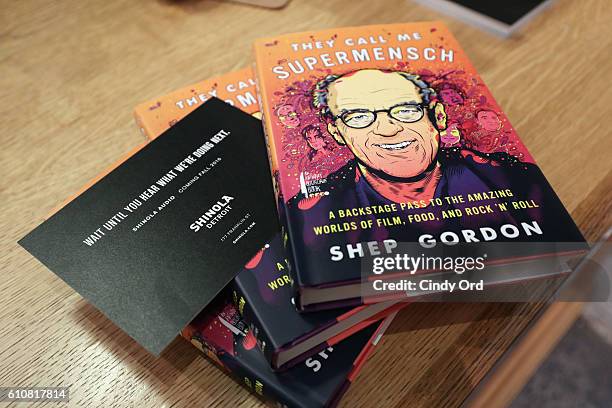 Copies of Shep Gordon's Memoir "They Call Me Supermensch" are seen as Alice Cooper, Shep Gordon and Shinola celebrate the release of Gordons Memoir,...