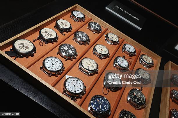 View of Shinola brand watches are seen as Alice Cooper, Shep Gordon and Shinola celebrate the release of Gordons Memoir, "They Call Me Supermensch"...