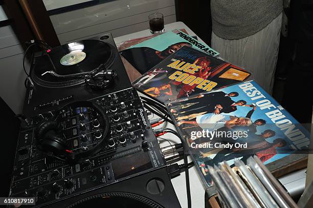 View of the DJ booth and records are seen as Alice Cooper, Shep Gordon and Shinola celebrate the release of Gordons Memoir, "They Call Me...