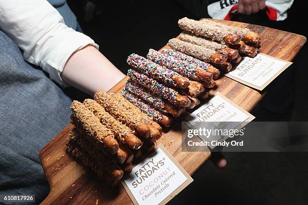 View of pretzels and snacks being served to guests as Alice Cooper, Shep Gordon and Shinola celebrate the release of Gordons Memoir, "They Call Me...