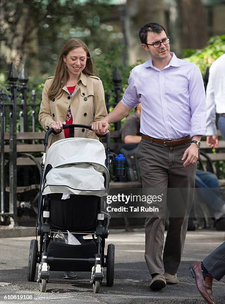 Chelsea Clinton, Marc Mezvinsky, and Charlotte Clinton Mezvinsky are seen on September 27, 2016 in New York City.