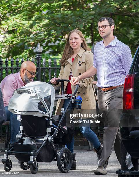 Chelsea Clinton, Marc Mezvinsky, and Charlotte Clinton Mezvinsky are seen on September 27, 2016 in New York City.