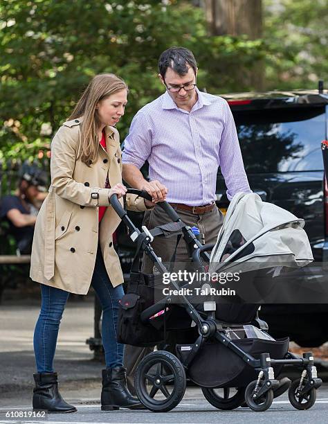 Chelsea Clinton, Marc Mezvinsky, and Charlotte Clinton Mezvinsky are seen on September 27, 2016 in New York City.