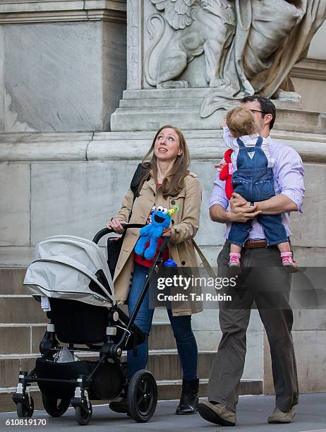 Chelsea Clinton, Marc Mezvinsky, and Charlotte Clinton Mezvinsky are seen on September 27, 2016 in New York City.