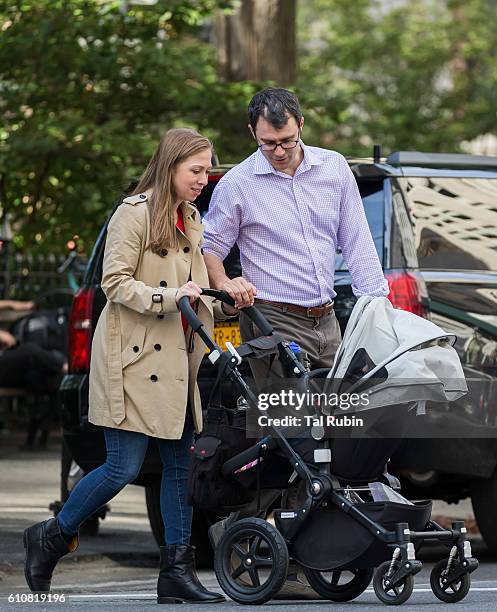 Chelsea Clinton, Marc Mezvinsky, and Charlotte Clinton Mezvinsky are seen on September 27, 2016 in New York City.