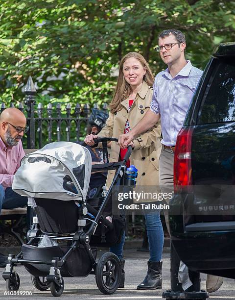 Chelsea Clinton, Marc Mezvinsky, and Charlotte Clinton Mezvinsky are seen on September 27, 2016 in New York City.