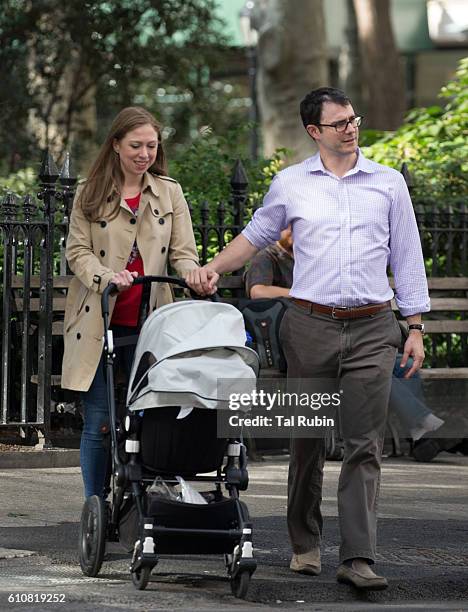 Chelsea Clinton, Marc Mezvinsky, and Charlotte Clinton Mezvinsky are seen on September 27, 2016 in New York City.