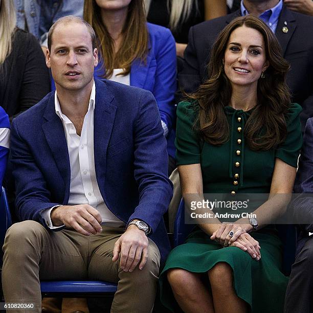 Prince William, Duke of Cambridge and Catherine, Duchess of Cambridge watch a volleyball match at University of British Columbia Okanagan on...