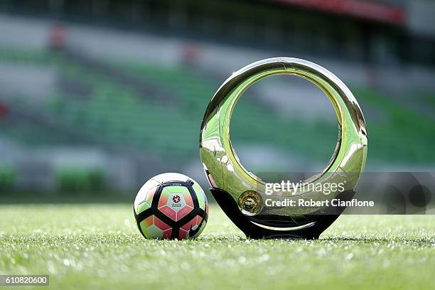 General view of the Hyundai A-League Championship trophy during the 206/17 A-League media day at AAMI Park on September 28, 2016 in Melbourne,...