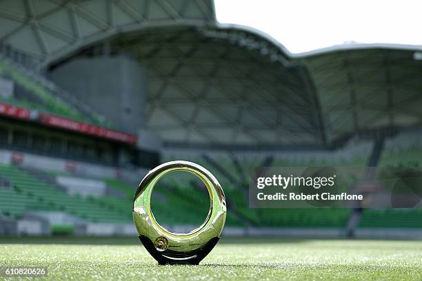 General view of the Hyundai A-League Championship trophy during the 206/17 A-League media day at AAMI Park on September 28, 2016 in Melbourne,...