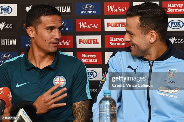 Tim Cahill of Melbourne City and Bobo of Sydney FC are seen during the A-League 2016/17 Pre-Season Media Conference at AAMI Park on September 28,...