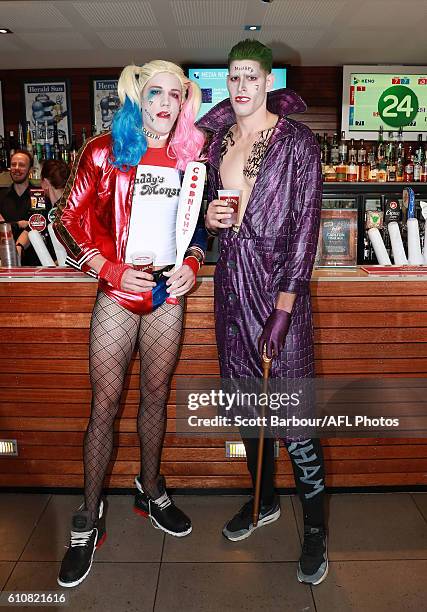 Rhys Stanley as Harley Quinn and Zac Smith as the Joker during the Geelong Cats AFL post-season celebrations at the Lord of Isles Hotel on September...