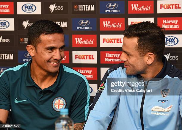 Tim Cahill of Melbourne City and Bobo of Sydney FC are seen during the A-League 2016/17 Pre-Season Media Conference at AAMI Park on September 28,...