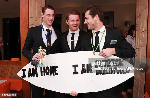 Daniel Menzel, Patrick Dangerfield and Cameron Delaney during the Geelong Cats AFL post-season celebrations at the Lord of Isles Hotel on September...
