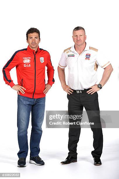 Adelaide United coach Guillermo Amor and Newcastle Jets coach Mark Jones pose during the 206/17 A-League media day at AAMI Park on September 28, 2016...
