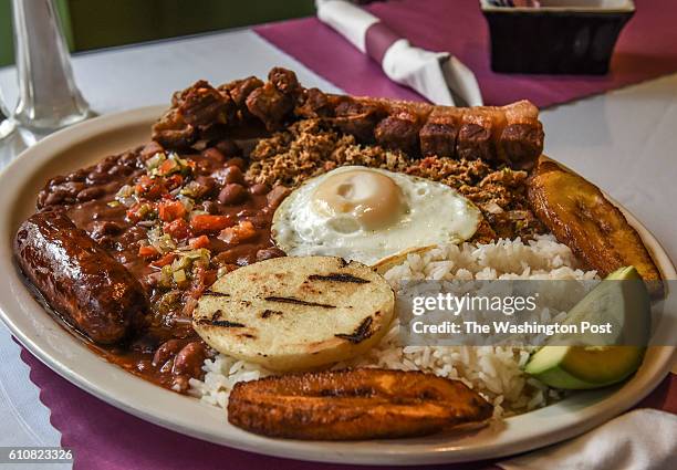 The bandeja paisa at Arepas Pues, which combines Colombia, Cuban and Venezuelan dishes, for the $20 Diner column on September 2016 in Washington, DC.