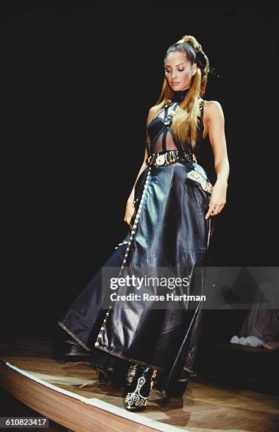 American fashion model Christy Turlington at a Versace show, circa 1993, New York City.