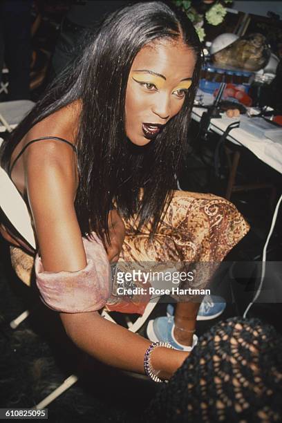 English fashion model Naomi Campbell at the Betsey Johnson Fall 1998 collection fashion show in New York City, 1998.