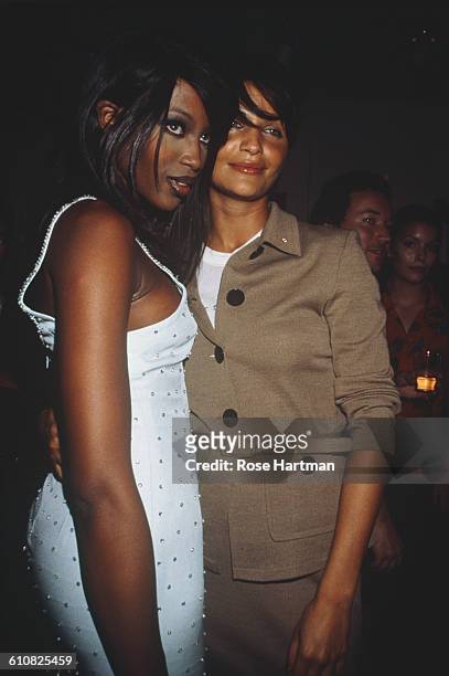 Fashion models Naomi Campbell and Helena Christensen at a Kate Moss book party, , New York City, 1995.