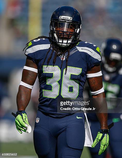 Running back Alex Collins of the Seattle Seahawks looks on prior to the game against the San Francisco 49ers at CenturyLink Field on September 25,...