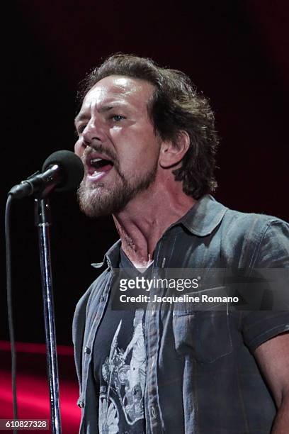 Musician Eddie Vedder performs onstage at the 2016 Global Citizen Festival to End Extreme Poverty by 2030 at Central Park on September 24, 2016 in...