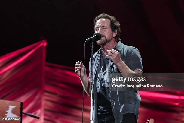 Musician Eddie Vedder performs onstage at the 2016 Global Citizen Festival to End Extreme Poverty by 2030 at Central Park on September 24, 2016 in...